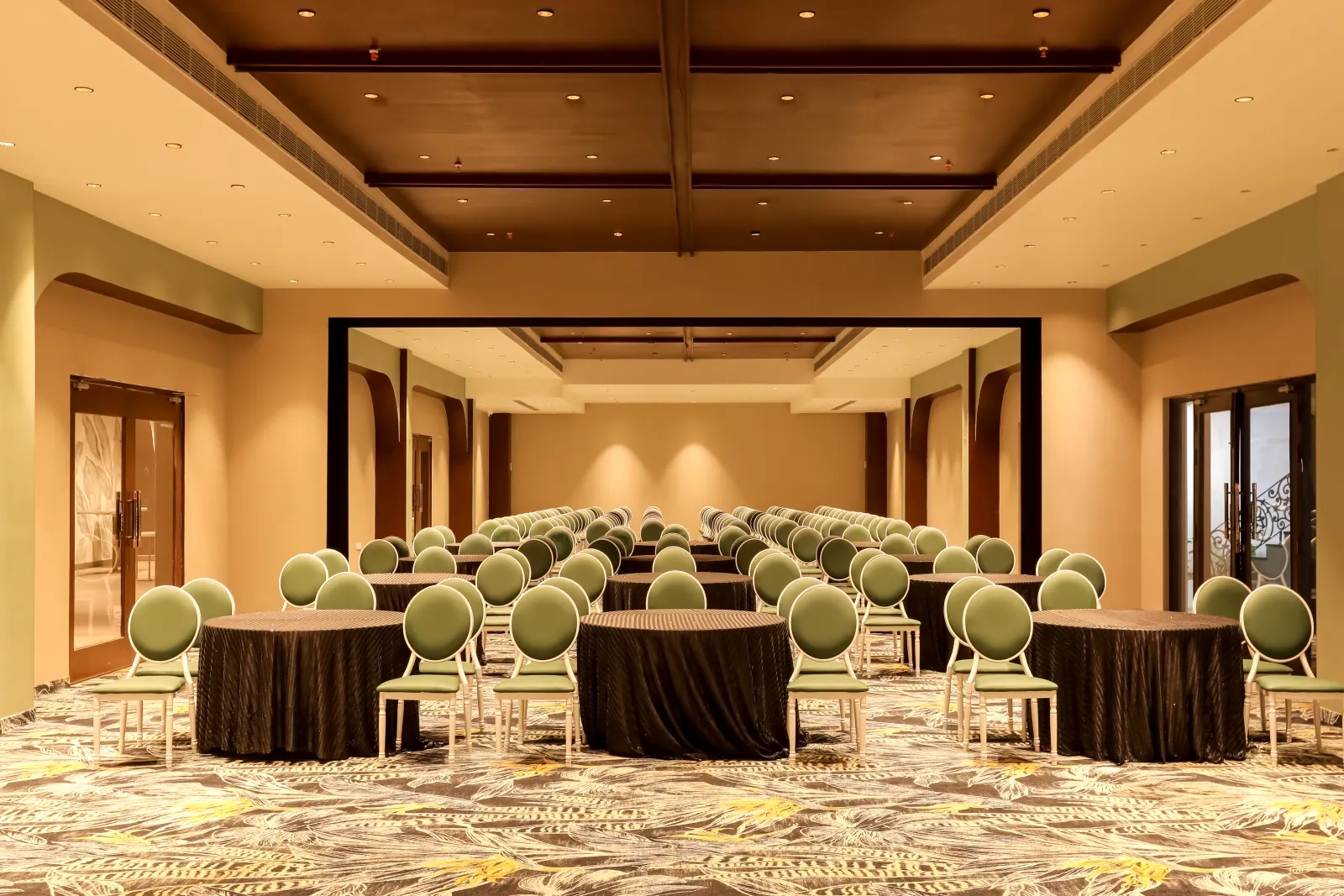 Round-table banquet seating inside Savaya